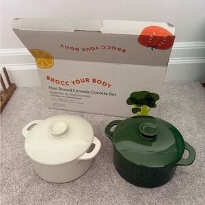 Mini Round Ceramic Cocotte Set - Green and White